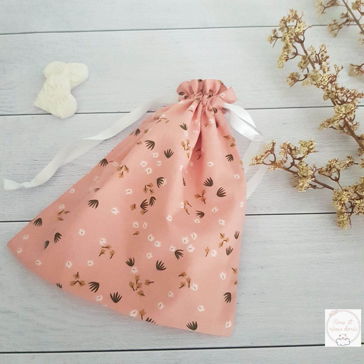 pochon cadeau naissance Rose et rêves dorés