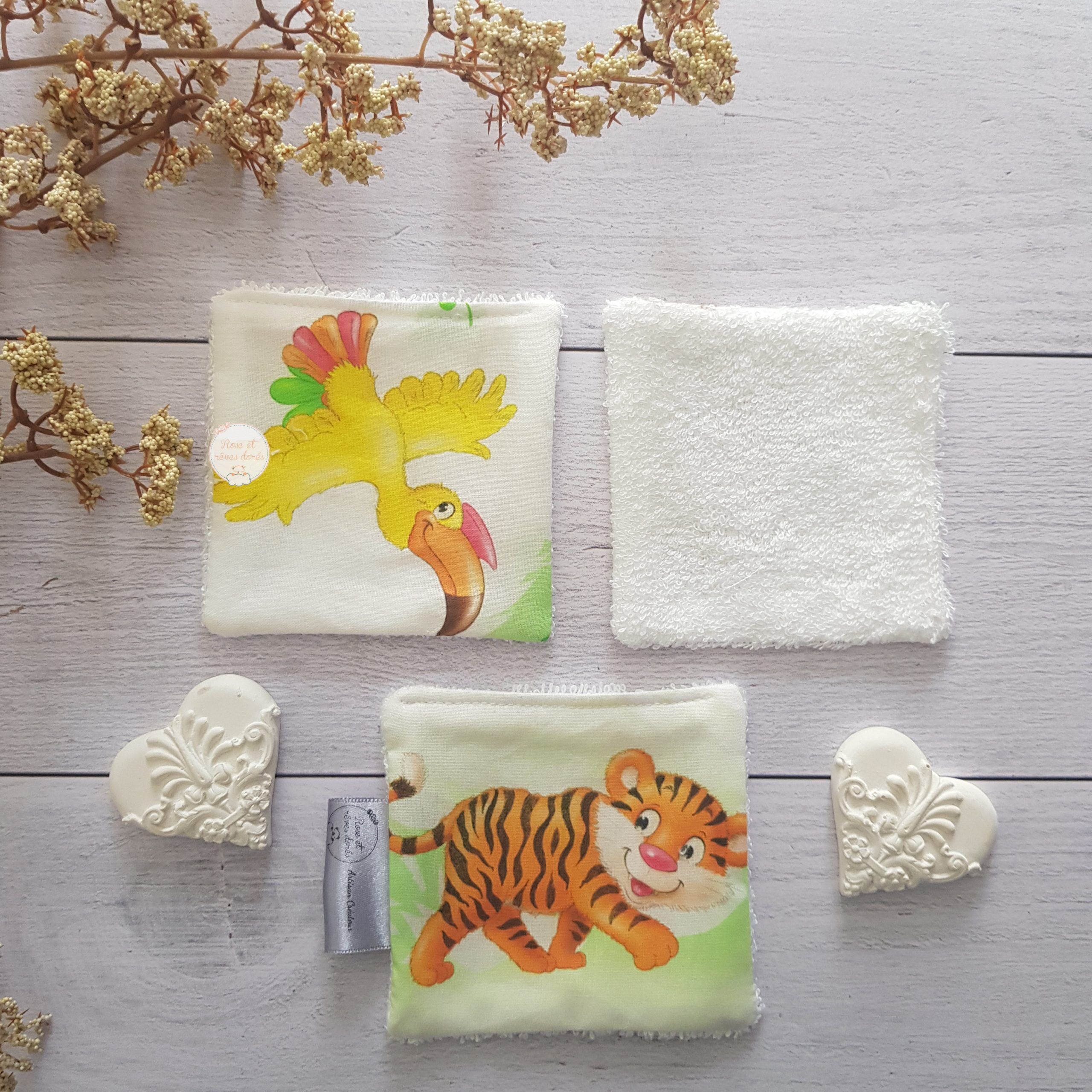 carré lavable zero déchet animaux de la jungle Rose et rêves dorés